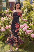 Load image into Gallery viewer, Ivory Floral Off the Shoulder Sheath Ruched Long Formal Dress