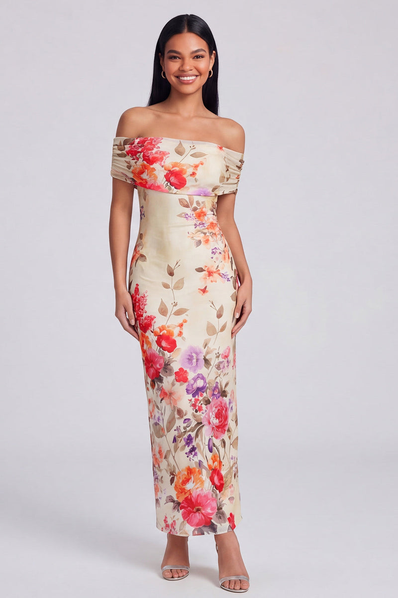 Load image into Gallery viewer, Ivory Floral Off the Shoulder Sheath Ruched Long Formal Dress