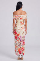 Load image into Gallery viewer, Ivory Floral Off the Shoulder Sheath Ruched Long Formal Dress