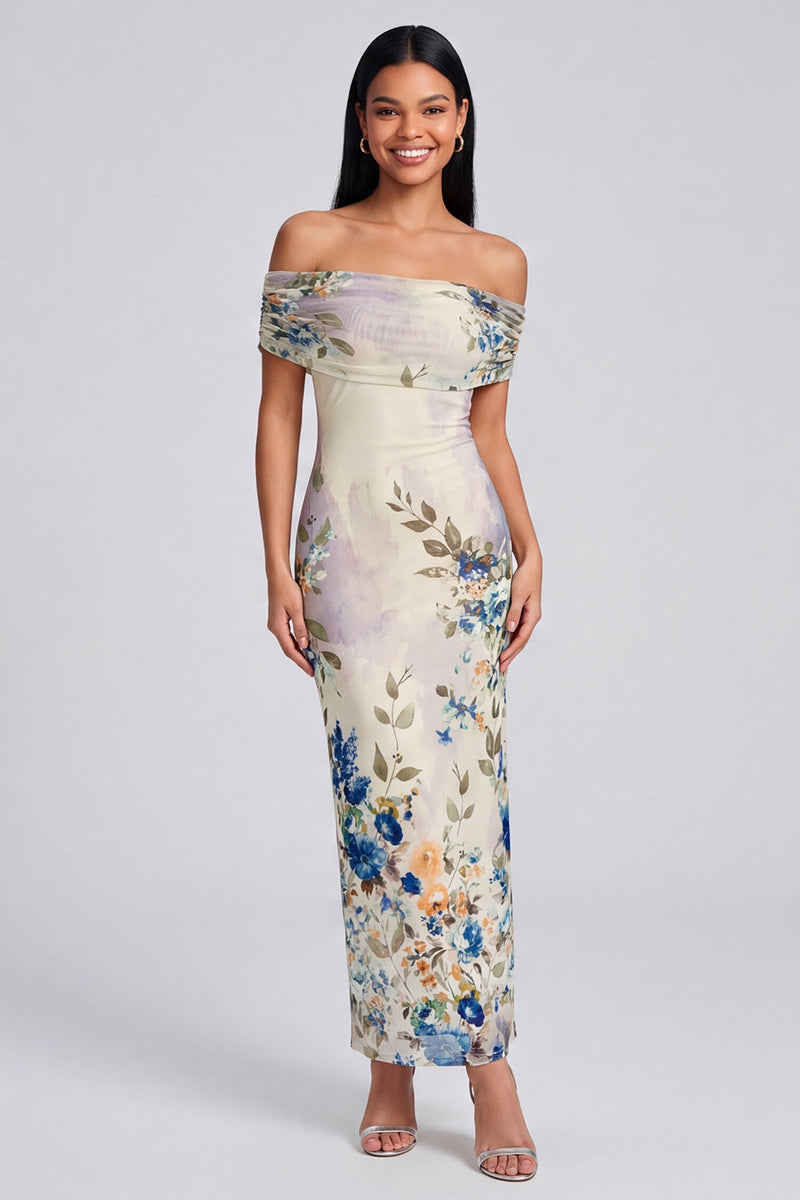 Load image into Gallery viewer, Ivory Floral Off the Shoulder Sheath Ruched Long Formal Dress