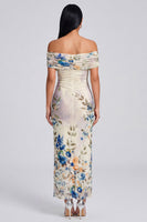 Load image into Gallery viewer, Ivory Floral Off the Shoulder Sheath Ruched Long Formal Dress