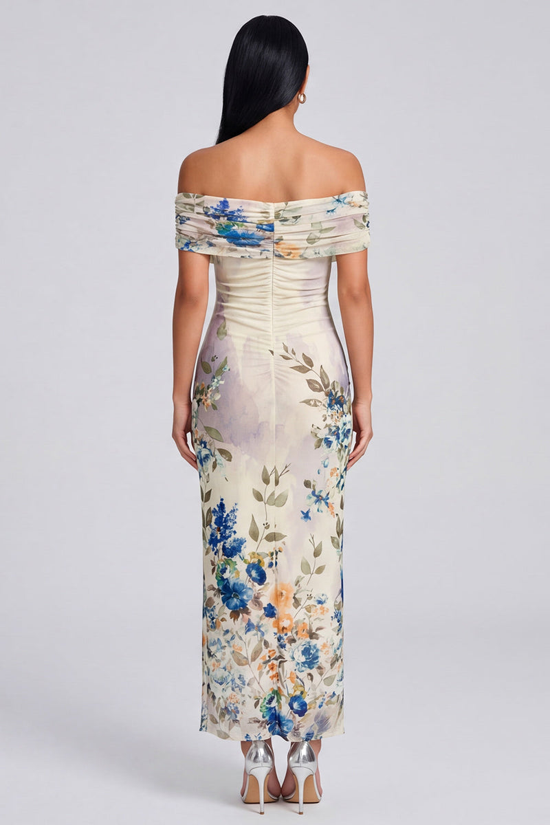 Load image into Gallery viewer, Ivory Floral Off the Shoulder Sheath Ruched Long Formal Dress