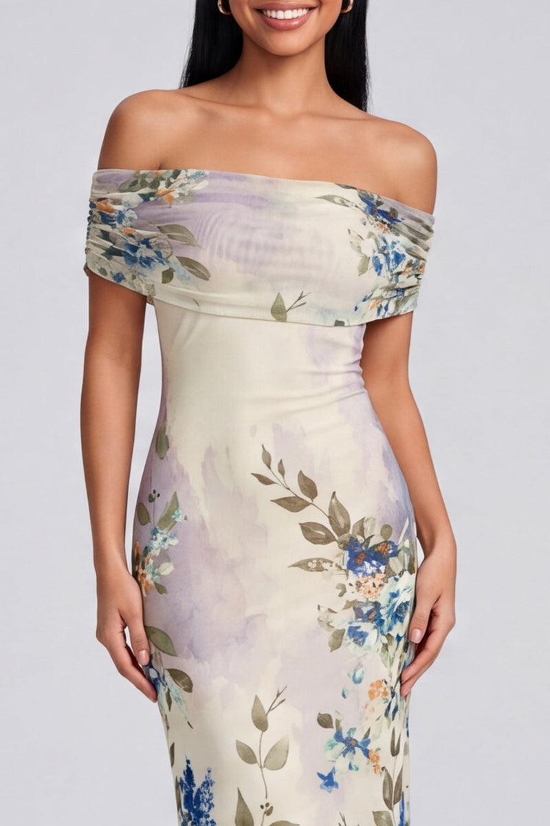 Load image into Gallery viewer, Ivory Floral Off the Shoulder Sheath Ruched Long Formal Dress