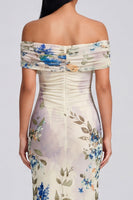 Load image into Gallery viewer, Ivory Floral Off the Shoulder Sheath Ruched Long Formal Dress