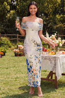 Load image into Gallery viewer, Ivory Floral Off the Shoulder Sheath Ruched Long Formal Dress