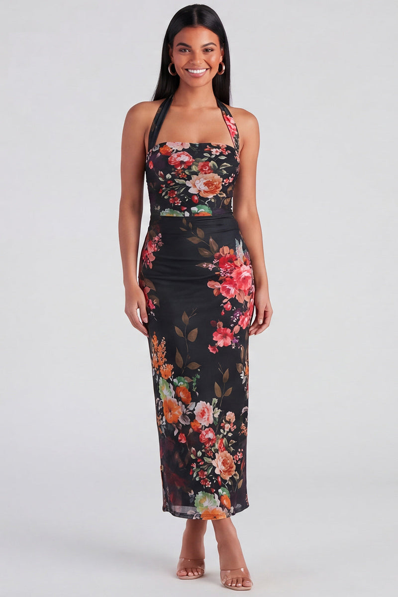 Load image into Gallery viewer, Champagne Floral Halter Ruched Sheath Maxi Beach Formal Dress