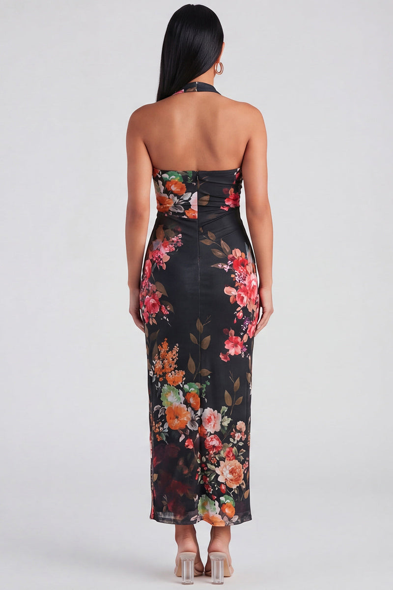 Load image into Gallery viewer, Champagne Floral Halter Ruched Sheath Maxi Beach Formal Dress