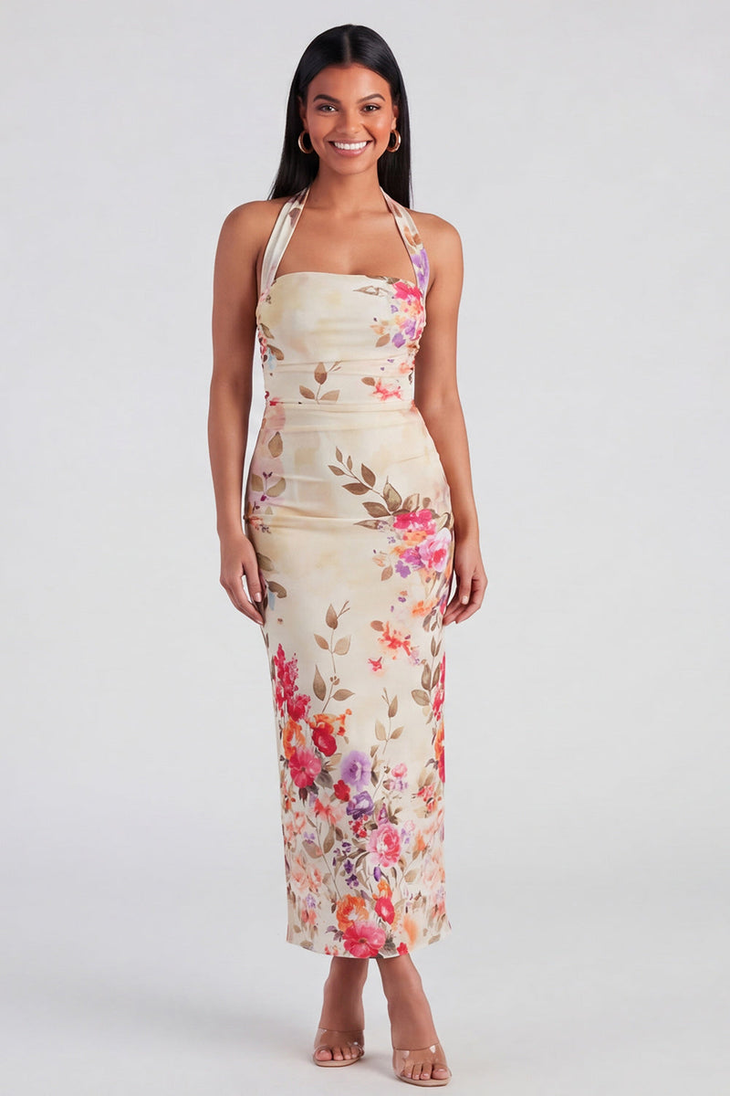 Load image into Gallery viewer, Champagne Floral Halter Ruched Sheath Maxi Beach Formal Dress