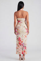 Load image into Gallery viewer, Champagne Floral Halter Ruched Sheath Maxi Beach Formal Dress