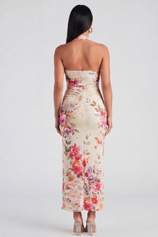 Champagne Floral Halter Ruched Sheath Maxi Beach Formal Dress