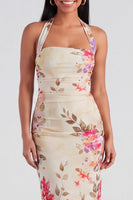 Load image into Gallery viewer, Champagne Floral Halter Ruched Sheath Maxi Beach Formal Dress