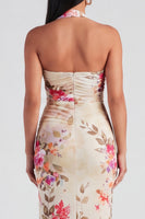 Load image into Gallery viewer, Champagne Floral Halter Ruched Sheath Maxi Beach Formal Dress