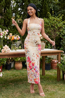 Load image into Gallery viewer, Champagne Floral Halter Ruched Sheath Maxi Beach Formal Dress