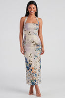 Load image into Gallery viewer, Champagne Floral Halter Ruched Sheath Maxi Beach Formal Dress
