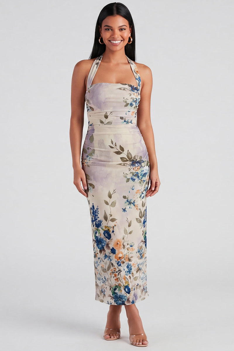 Load image into Gallery viewer, Champagne Floral Halter Ruched Sheath Maxi Beach Formal Dress