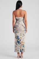 Load image into Gallery viewer, Champagne Floral Halter Ruched Sheath Maxi Beach Formal Dress
