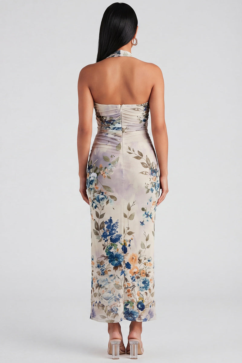 Load image into Gallery viewer, Champagne Floral Halter Ruched Sheath Maxi Beach Formal Dress