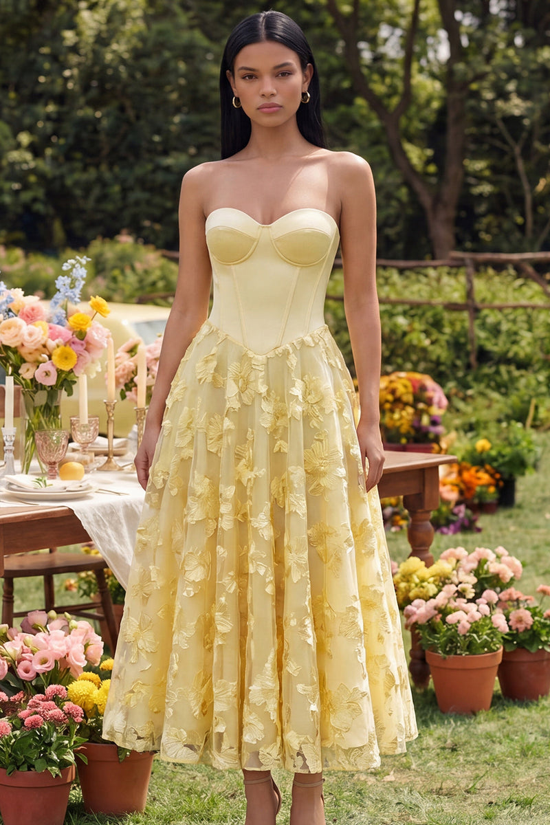 Load image into Gallery viewer, Yellow Basque Waist Butter Floral Long Corset Formal Dress