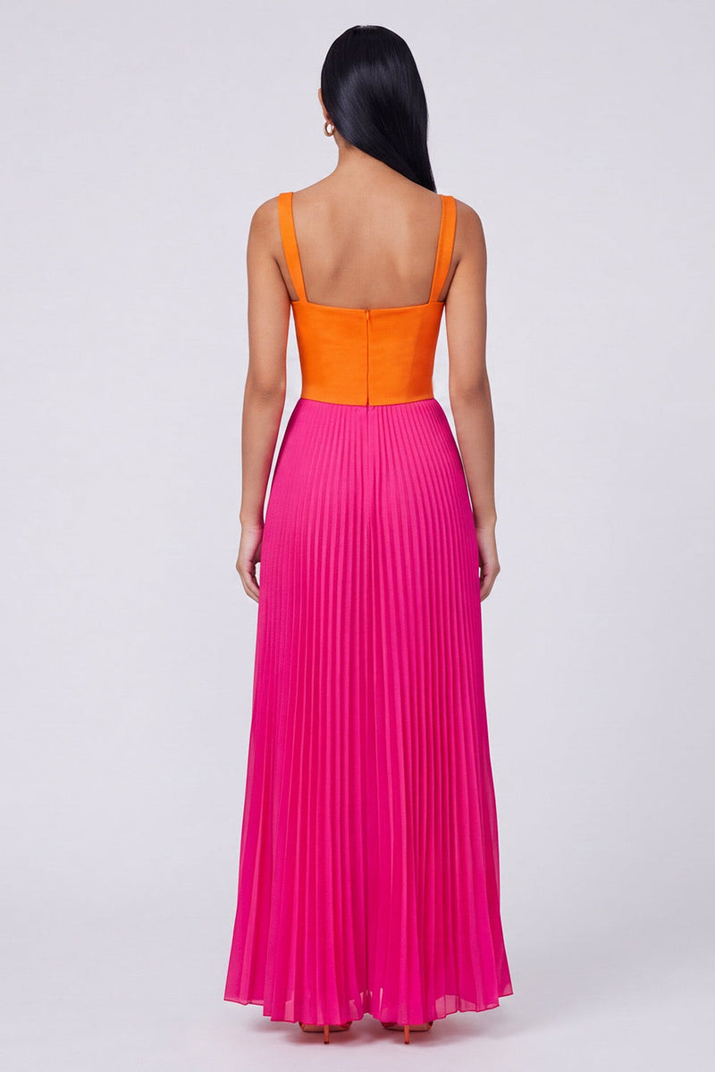 Load image into Gallery viewer, Orange and Fuchsia Color Block Patchwork A Line Long Formal Dress with Pleats