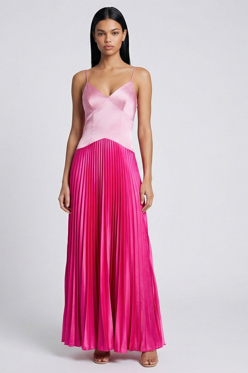 Load image into Gallery viewer, Pink and Fuchsia Patchwork Basque Wasit Color Block Long Formal Dress with Pleats