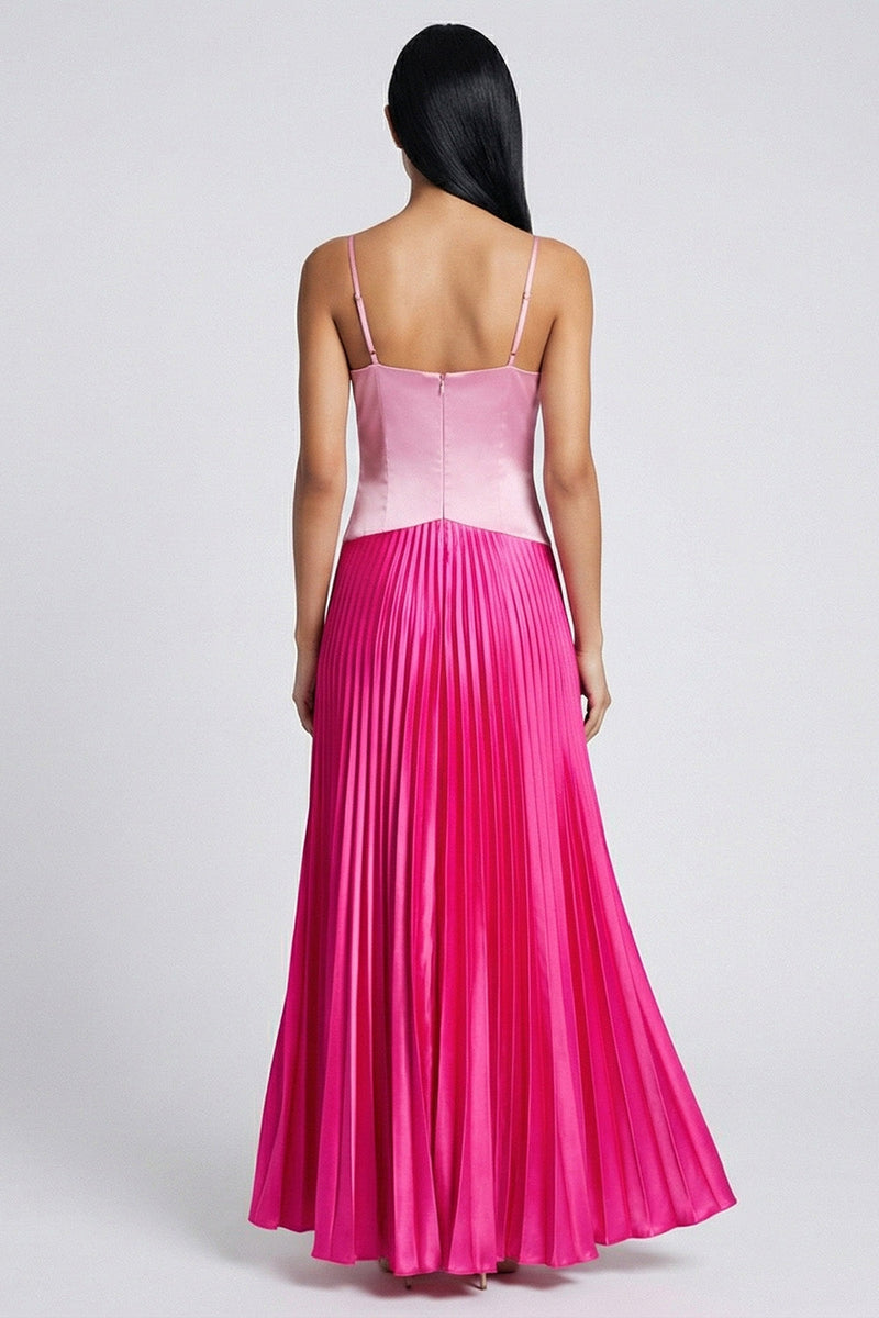 Load image into Gallery viewer, Pink and Fuchsia Patchwork Basque Wasit Color Block Long Formal Dress with Pleats