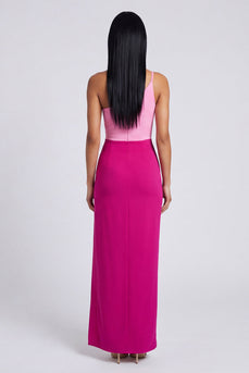 Pink and Fuchsia Color Block Patchwork Sheath Long Formal Dress with Slit