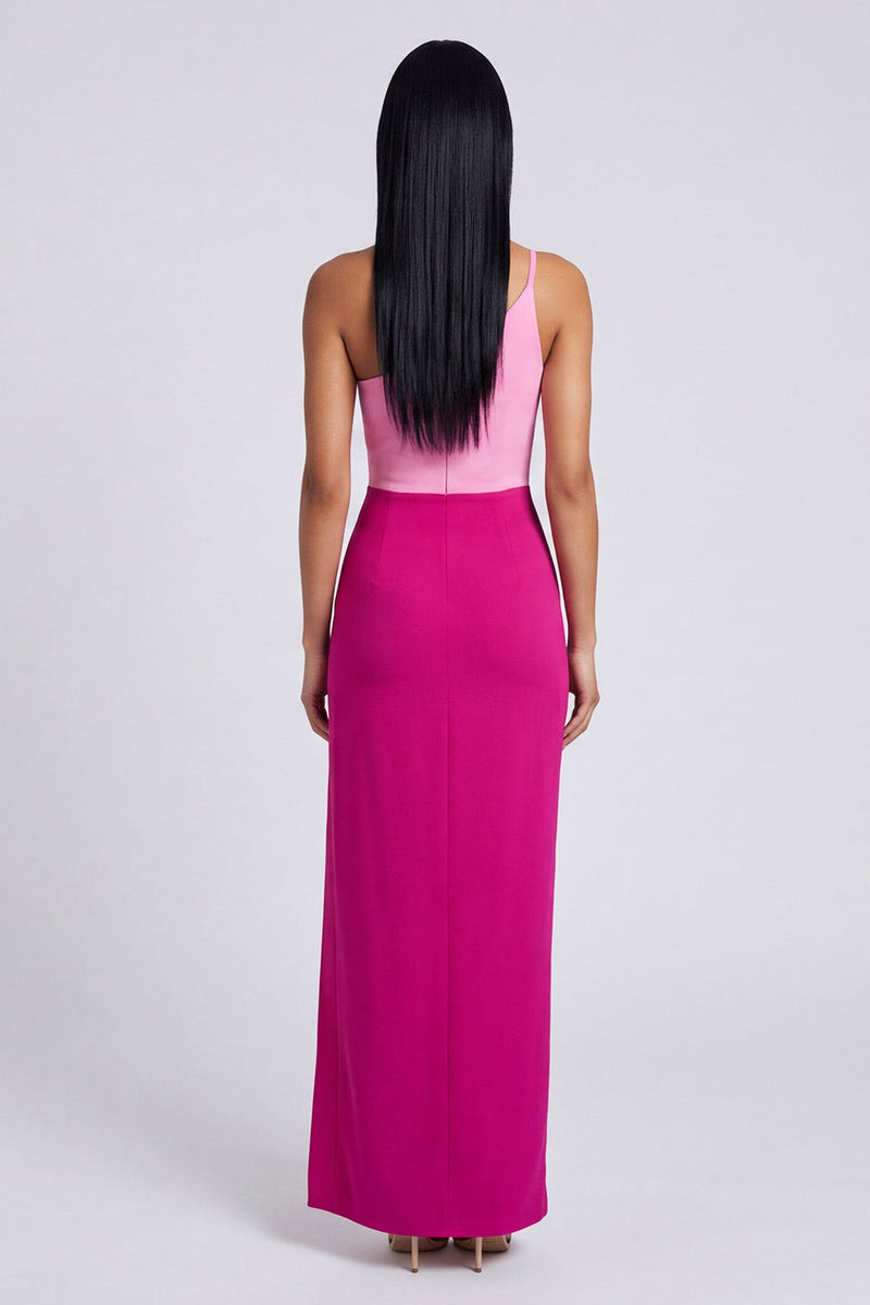 Load image into Gallery viewer, Pink and Fuchsia Color Block Patchwork Sheath Long Formal Dress with Slit