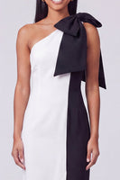 Load image into Gallery viewer, Fuchsia and Red Patchwork Color Block Sheath Long Formal Dress with Bow