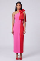 Load image into Gallery viewer, Fuchsia and Red Patchwork Color Block Sheath Long Formal Dress with Bow