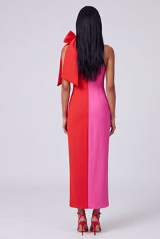 Fuchsia and Red Patchwork Color Block Sheath Long Formal Dress with Bow