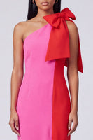 Load image into Gallery viewer, Fuchsia and Red Patchwork Color Block Sheath Long Formal Dress with Bow