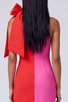 Load image into Gallery viewer, Fuchsia and Red Patchwork Color Block Sheath Long Formal Dress with Bow