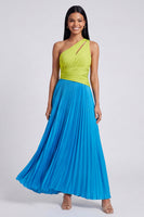 Load image into Gallery viewer, Green and Blue Color Block Patchwork Keyhole Long Formal Dress with Pleats