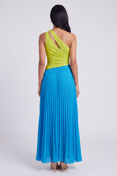 Green and Blue Color Block Patchwork Keyhole Long Formal Dress with Pleats
