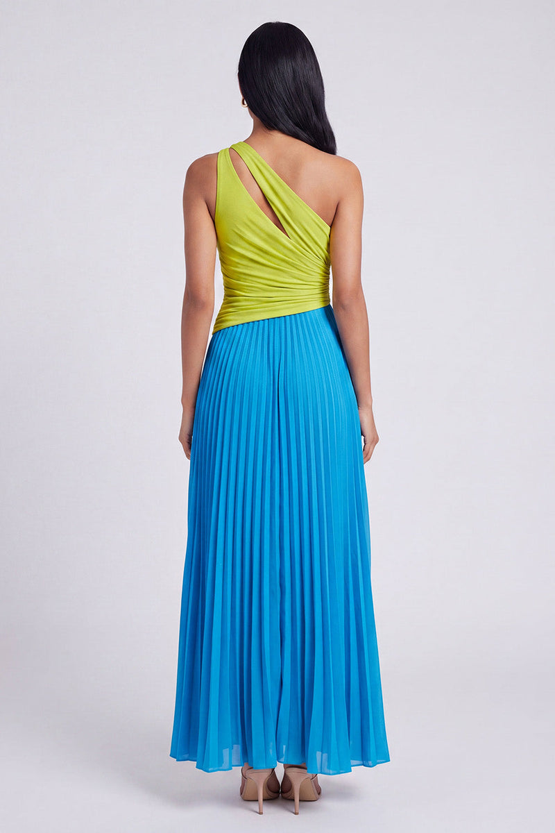 Load image into Gallery viewer, Green and Blue Color Block Patchwork Keyhole Long Formal Dress with Pleats