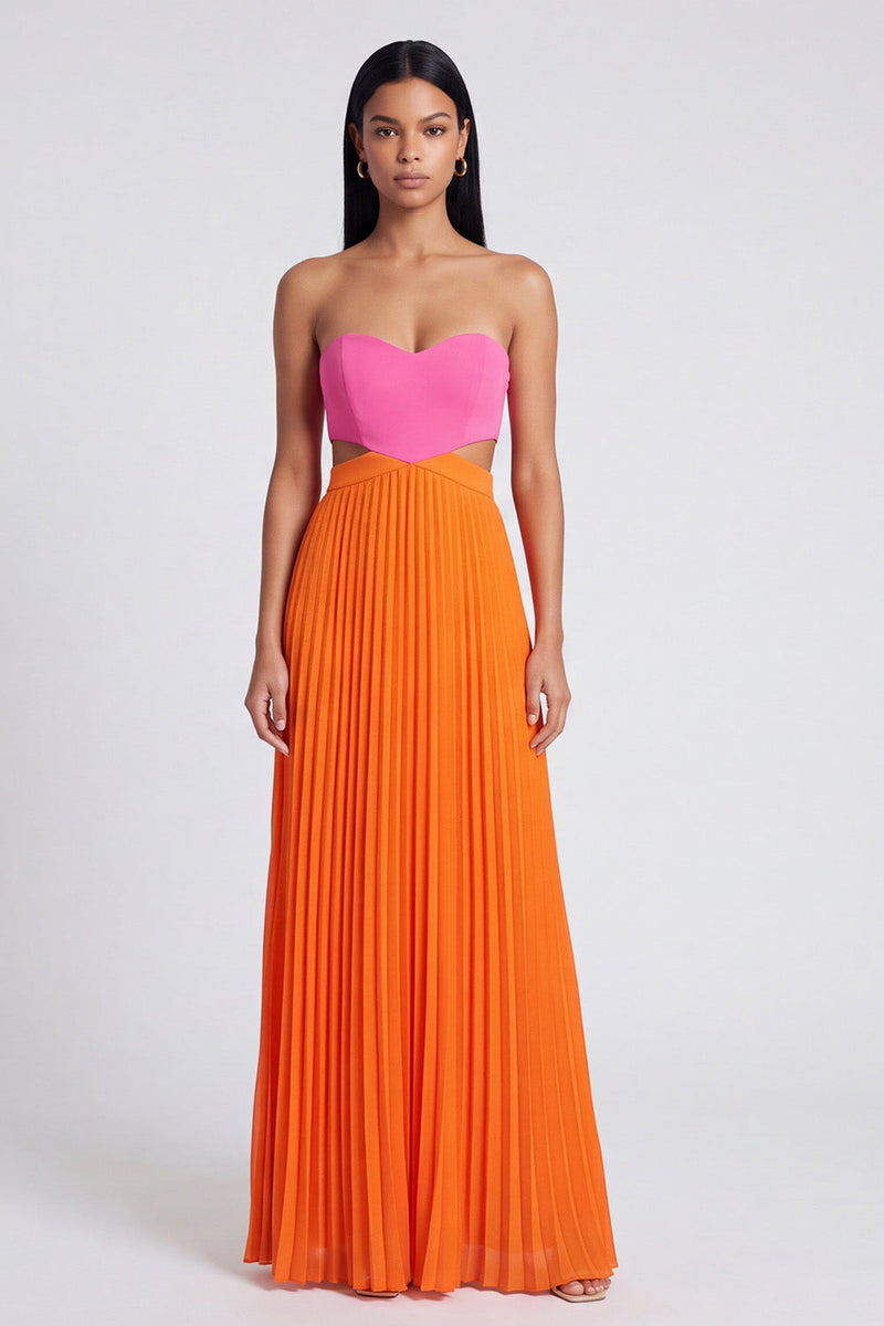 Load image into Gallery viewer, Pink and Orange Empire Waist Color Block Patchwork Long Pleated Formal Dress