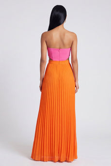 Pink and Orange Empire Waist Color Block Patchwork Long Pleated Formal Dress