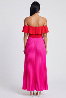 Fuchsia and Red A Line Long Color Block Patchwork Formal Dress with Pleats