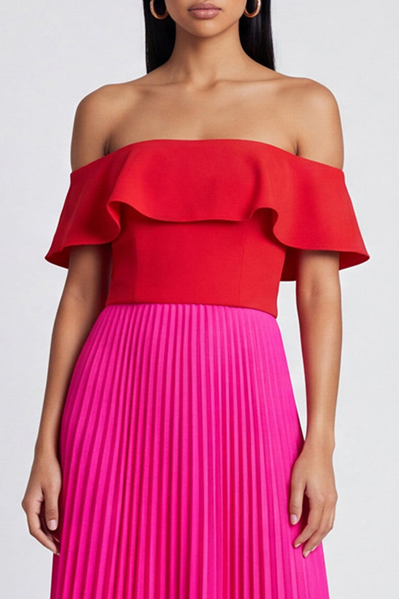 Load image into Gallery viewer, Fuchsia and Red A Line Long Color Block Patchwork Formal Dress with Pleats