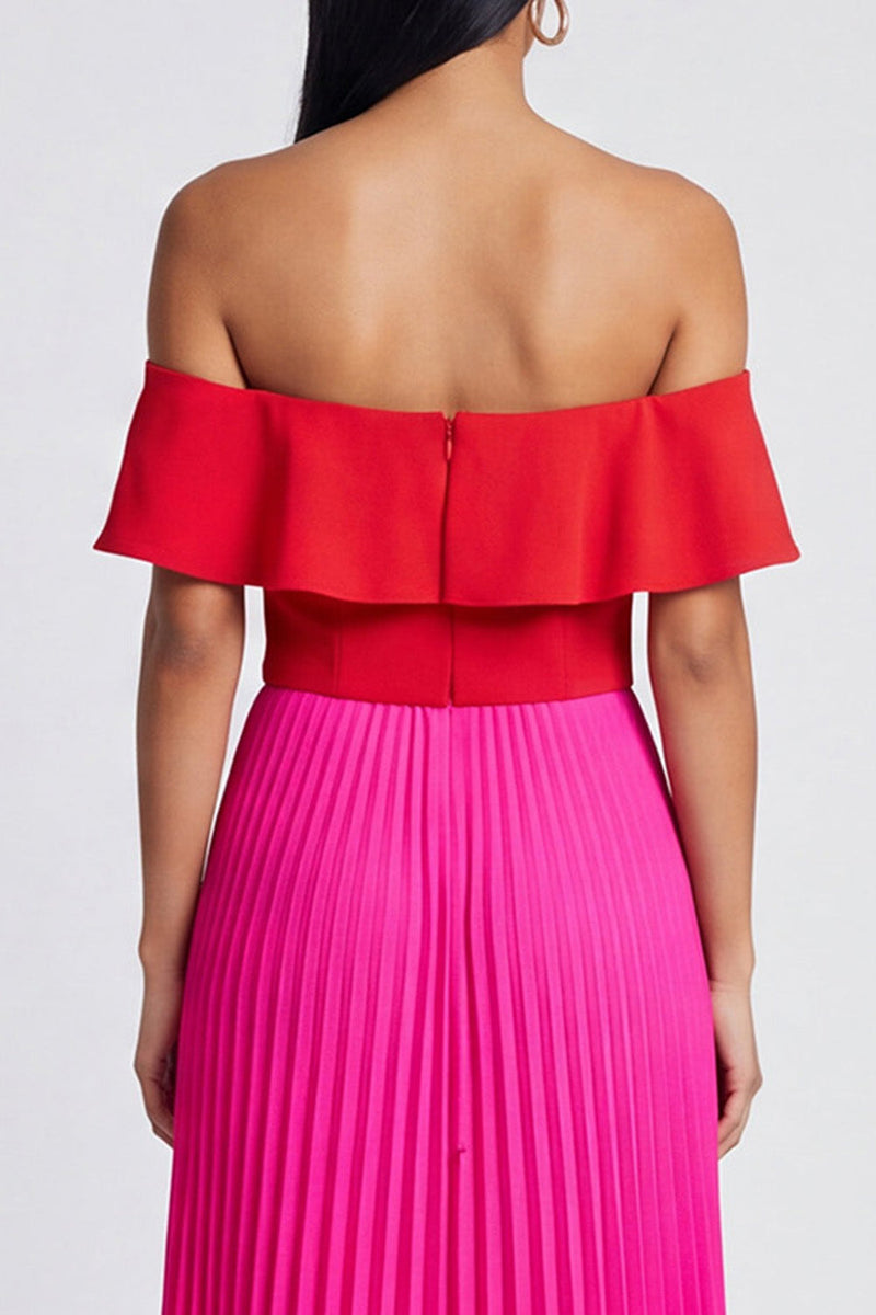 Load image into Gallery viewer, Fuchsia and Red A Line Long Color Block Patchwork Formal Dress with Pleats