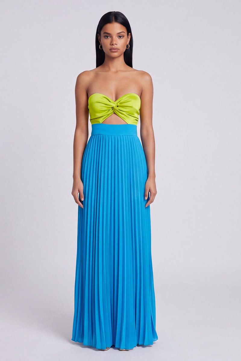 Load image into Gallery viewer, Green and Blue Empire Waist Color Block Patchwork Long Formal Dress