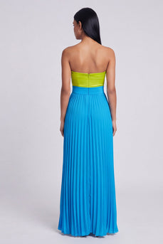 Green and Blue Empire Waist Color Block Patchwork Long Formal Dress