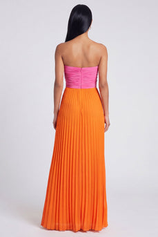 Pink and Orange Empire Waist Color Block Patchwork Long Formal Dress