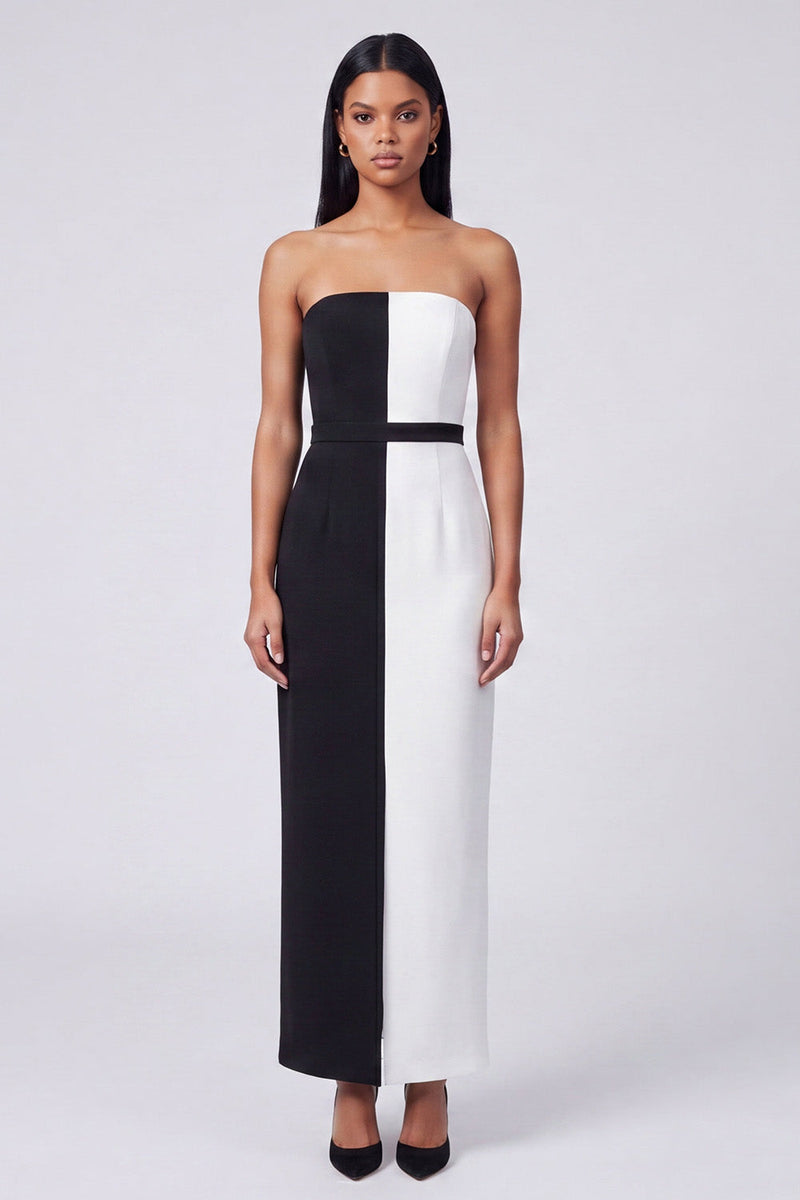 Load image into Gallery viewer, Black and White Strapless Sheath Color Block Patchwork Long Formal Dress