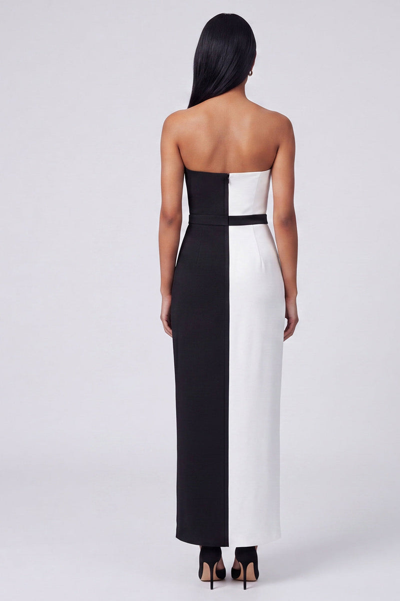 Load image into Gallery viewer, Black and White Strapless Sheath Color Block Patchwork Long Formal Dress