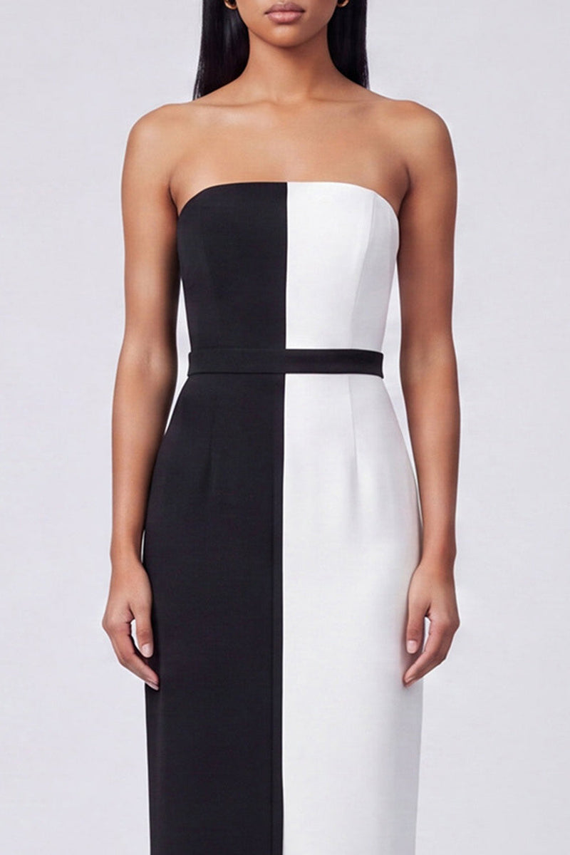 Load image into Gallery viewer, Black and White Strapless Sheath Color Block Patchwork Long Formal Dress