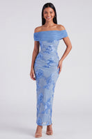 Load image into Gallery viewer, Blue Floral Off the Shoulder Mermaid Maxi Formal Dress with Back Slit