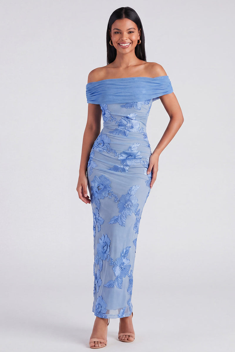 Load image into Gallery viewer, Blue Floral Off the Shoulder Mermaid Maxi Formal Dress with Back Slit