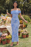Load image into Gallery viewer, Blue Floral Off the Shoulder Mermaid Maxi Formal Dress with Back Slit