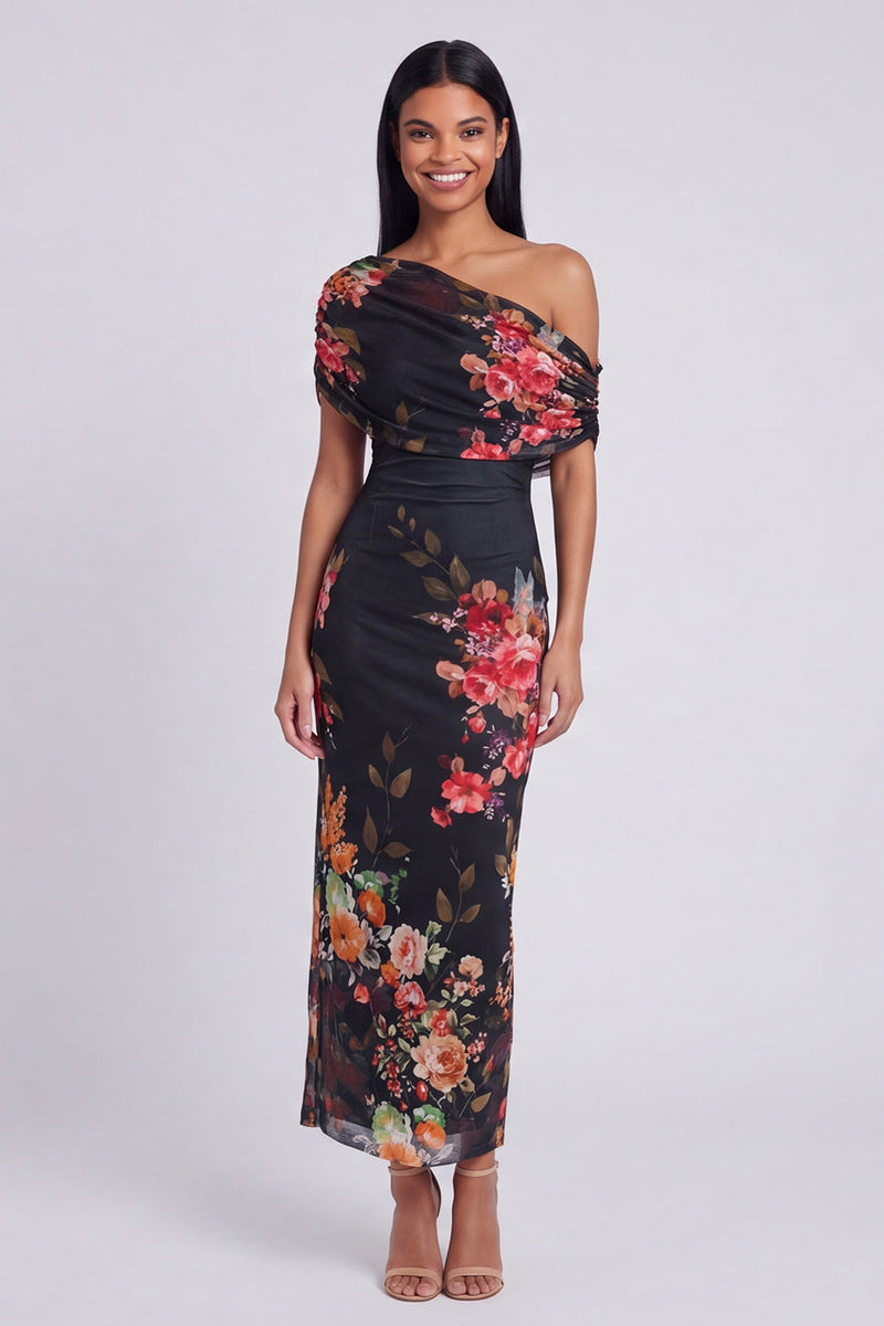 Load image into Gallery viewer, Ivory Floral One Shoulder Sheath Ruched Maxi Formal Dress